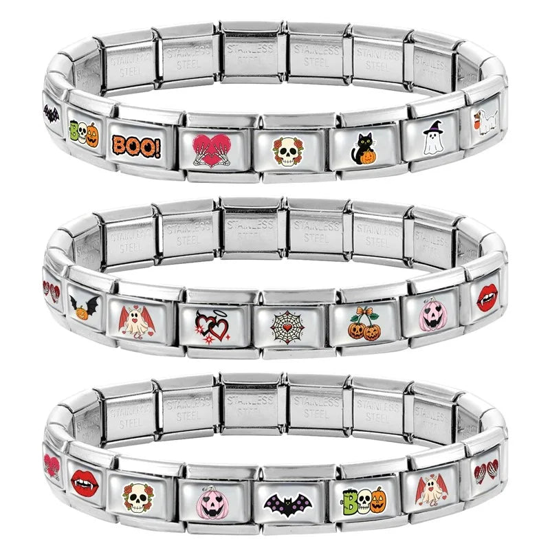New 2026 Design Halloween Cherry Bow Pumpkins Ghost Italian Charm Links Fit 9MM Stainless Steel Bracelet Jewelry DIY Making Gift Qme