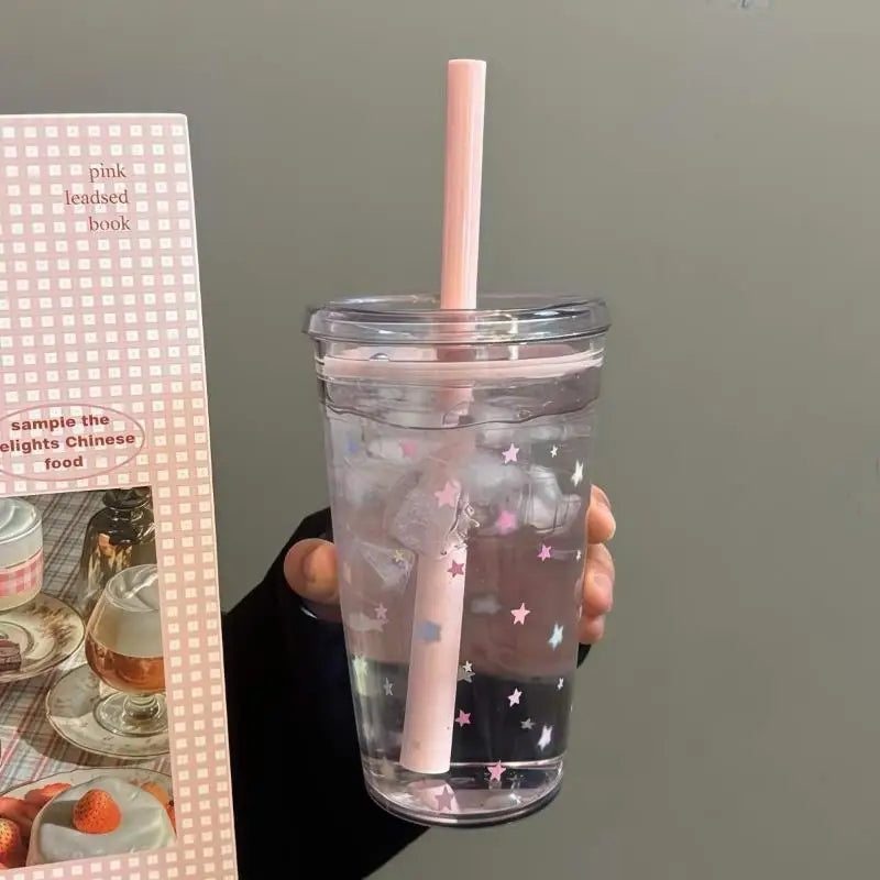 450ml Plastic Straw Cup Tea Coffee Milk Simple Straws Sweet Cute Star Cup Friend Gifts Qme 450ml A1