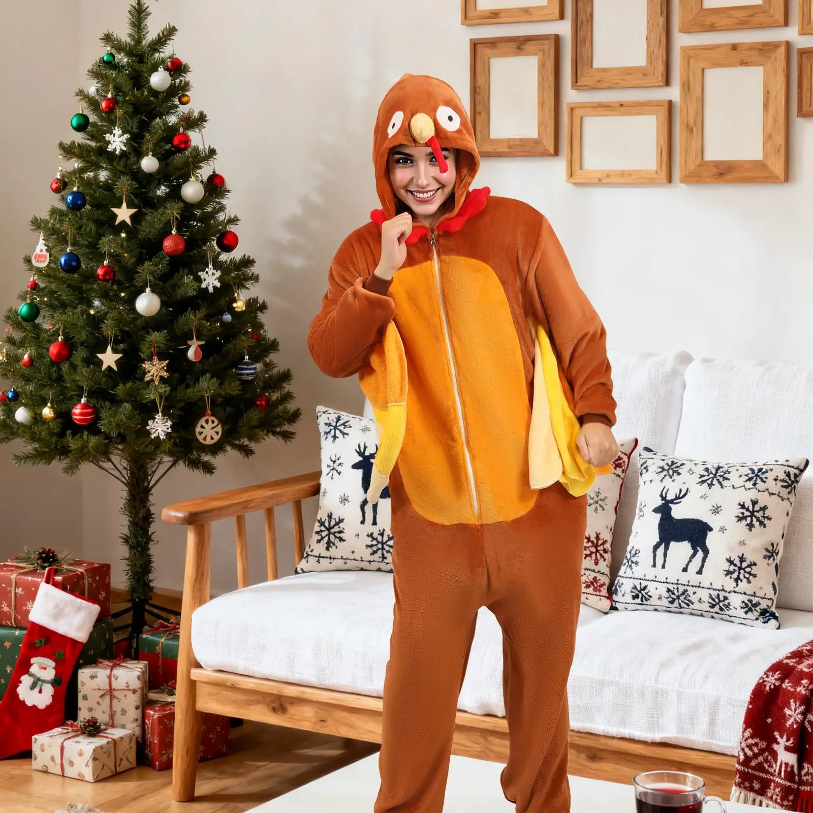 Adult Turkey Onesie Costume Turkey Pajamas Outfit Funny Animal Suit for Women Men Thanksgiving Halloween Cosplay Qme