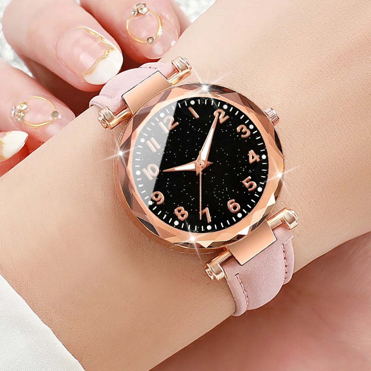 5pçs moda céu estrelado dial relógios femininos simples casual pulseira de couro mulher relógio de quartzo reloj mujer presente Qme 3
