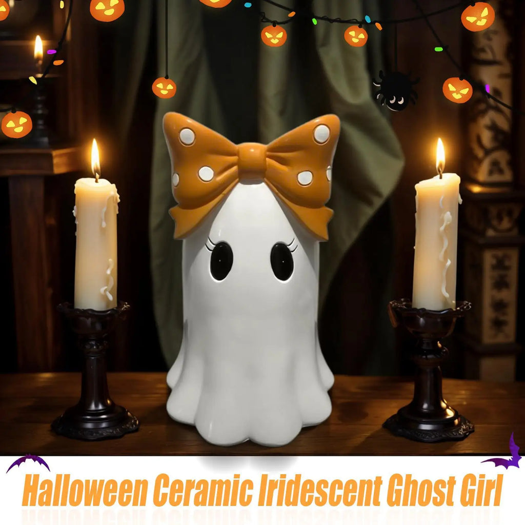 Ghost Decor Halloween Figurines Desktop Resin Ornaments With Bowknot For Gothic Wedding Window Display Birthday Party Indoor Qme