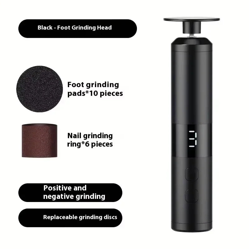 USB charging foot grinder, electric 2-in-1 foot grinder and nail grinder, foot and hand care, multifunctional foot beauty device Qme black