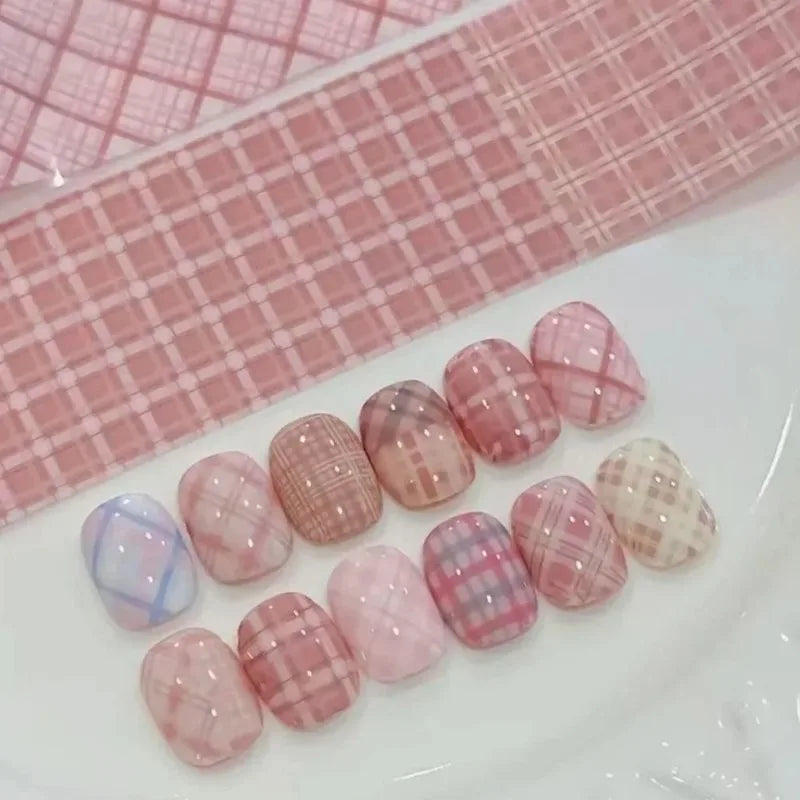 10pcs Nail Art Foil Transfer Paper Pink Grid Pattern Nail Stamping Stickers Sweety Cowboy Style Manicure Decals for DIY Nail Qme