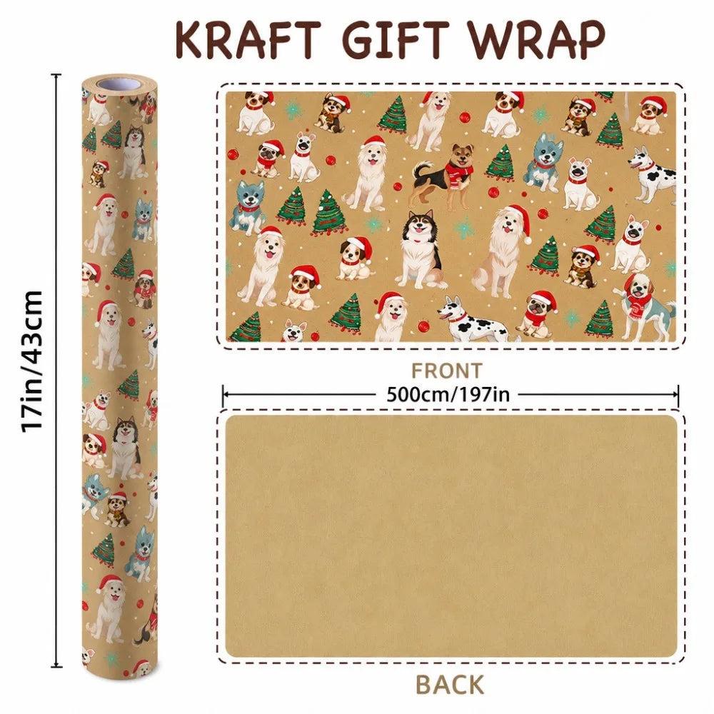 1 Roll of Christmas Gift Wrapping Paper with Cute Dog Patterns Featuring Santa Hats, Scarves, and Christmas Trees, Made of Kraft Qme