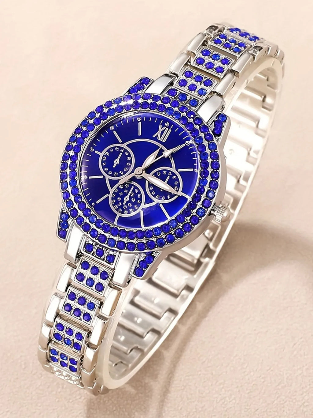 6pcs Luxurious diamond-studded bracelet watch set for women, featuring a quartz wristwatch with five exquisite pieces. Qme