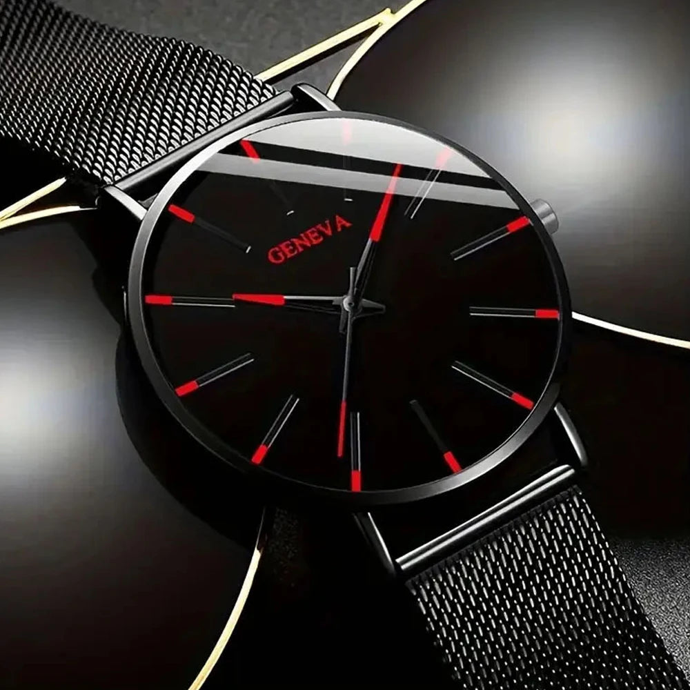 1PCS Geneva Men's Watch Fashion Blue Needle Quartz Watch Simple Business Mesh Belt Watch Qme