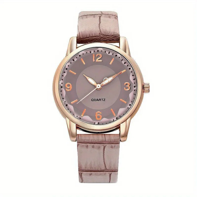 Casual Round Pointer Quartz Watch Ladies Fashion Analog PU Leather Wristwatch For Women Girls Students Qme Coffee No