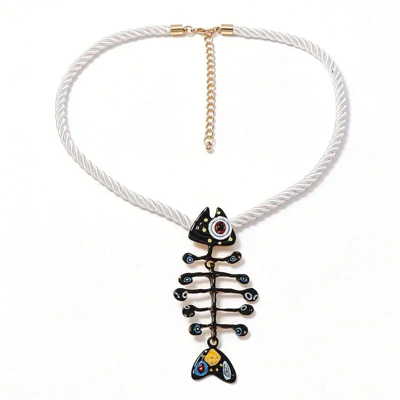 Hand Woven Boho Rope Pendant Necklace Alloy Printed Fish Bone Decor Non-irritating Neck Jewelry for Teen Girls Qme