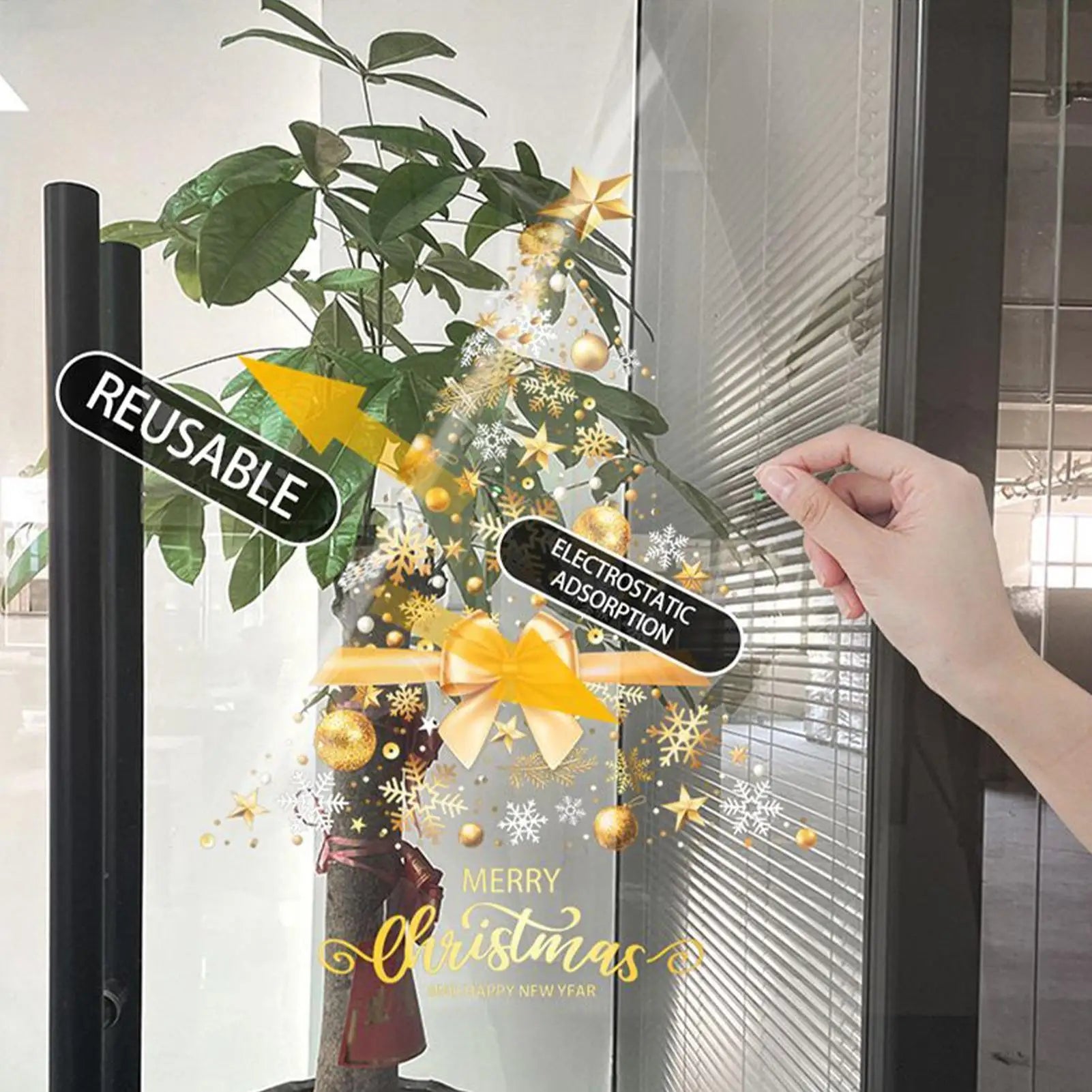 Christmas Clings Static Removable DIY Decorations Golden Tree Window Qme