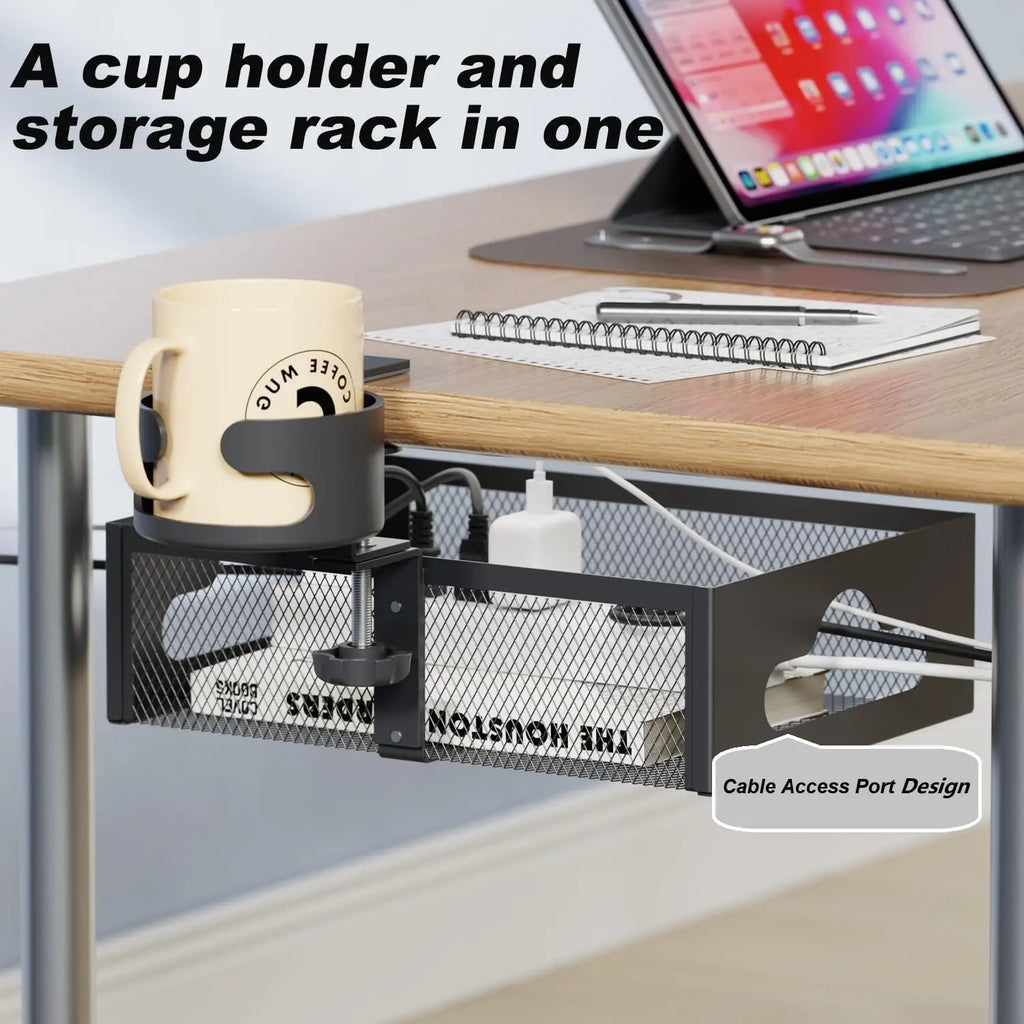 360° Rotary Under Desk Drawer With Cup Holder, 2 in 1 Anti-Spill Cup Holder & Storage Rack, Punch Free Metal Storage Box Qme