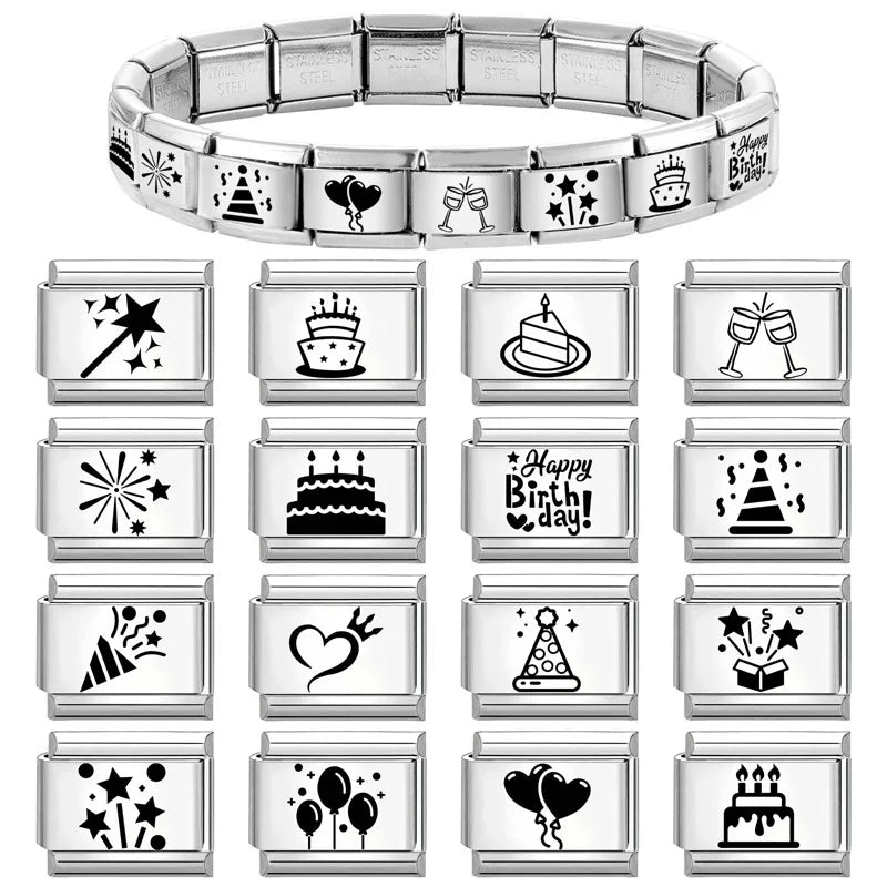 Trendy New Fashion English Words Happy Birthday Big Cake Charm Italian Links Fit 9mm Stainless Steel Bracelet DIY Making Jewelry Qme