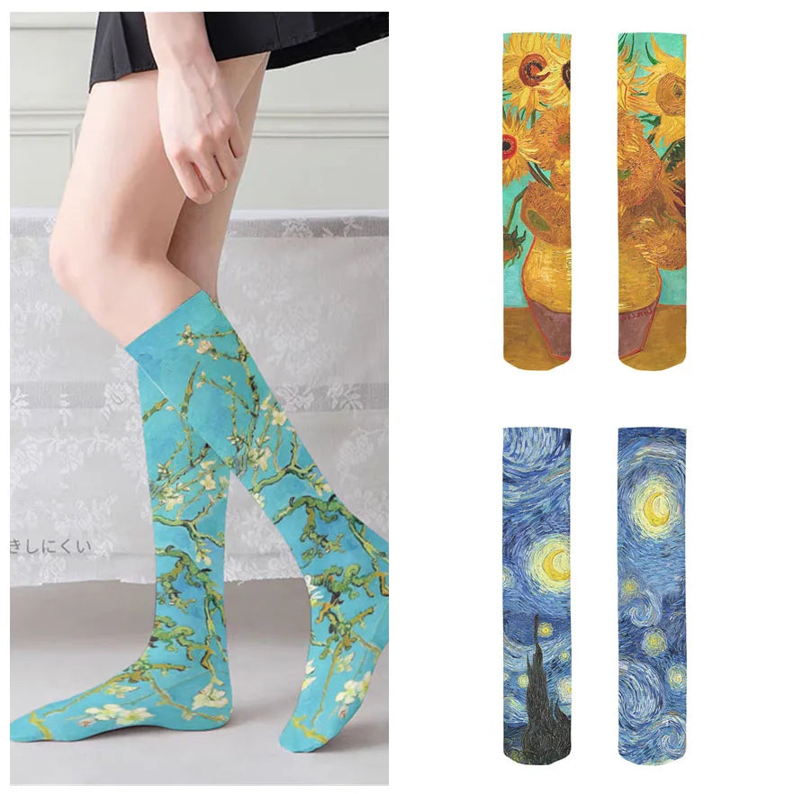Van Gogh Mural World Famous Painting Sunflower Stockings Women Qme