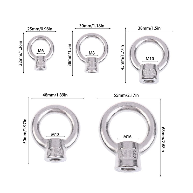 304 Stainless Steel Japanese Eye Nuts M6 M8 M10 M12 M16 Lifting Rings Marine-Grade Hardware Rigging Hoisting Industrial Qme