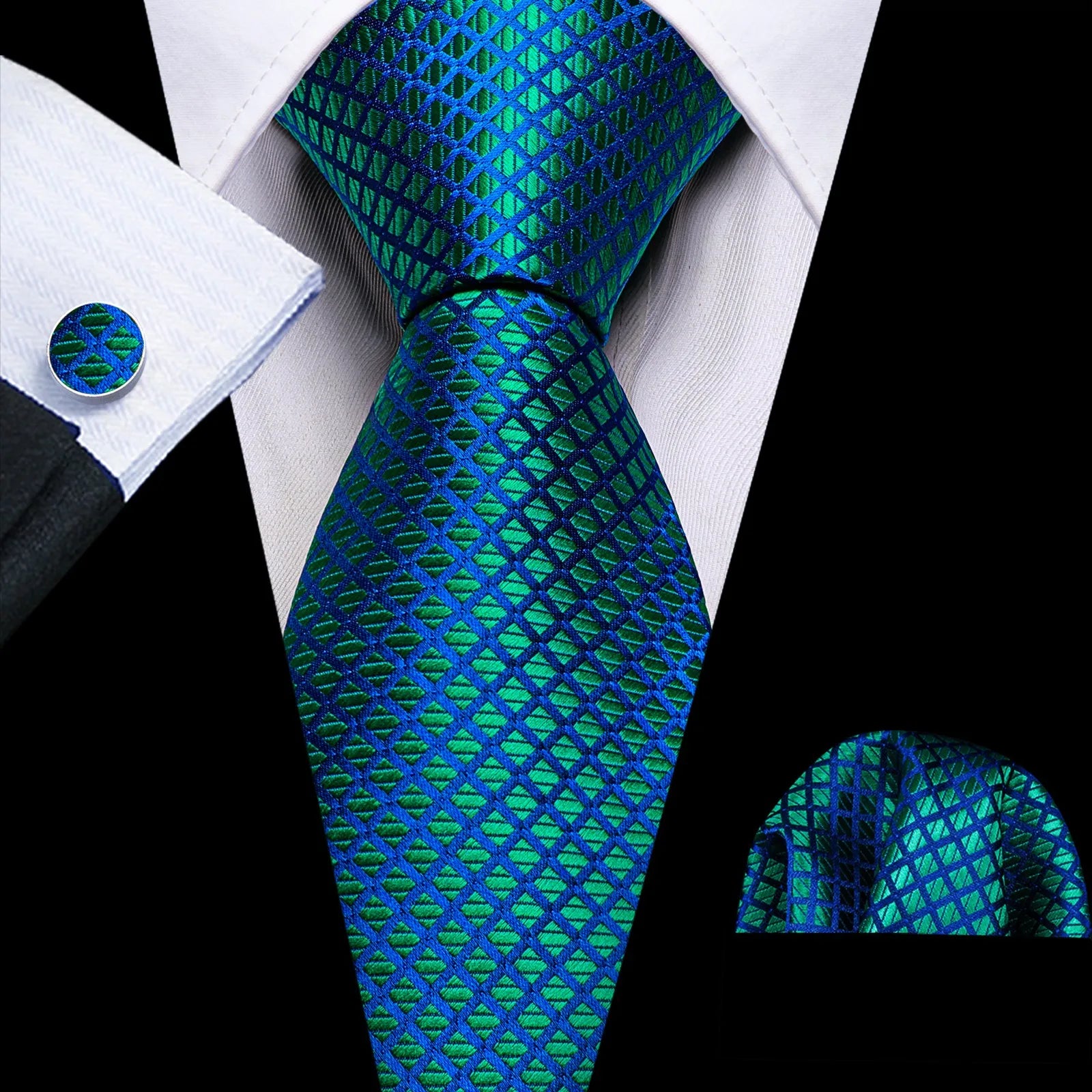 Complete Men's Tie Accessories Bundle: Classic Tie, Pocket Handkerchief, Cufflinks, Premium 3-in-1 Set for Office & Parties Qme DPTH-HT-LDSN1610