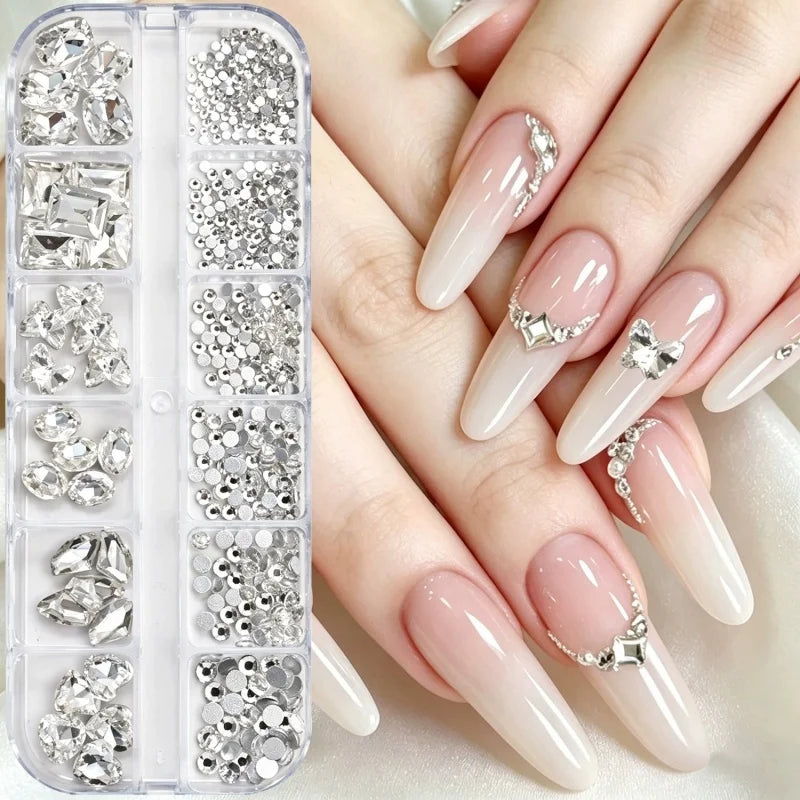 12grids Shiny Clear Crystal Gems Nail Rhinestones Mixed Round Glass Stone Flatback Nail Charms Nail Diamond DIY Qme 4686