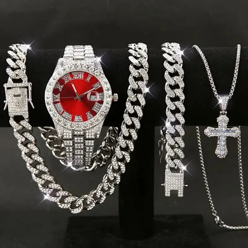 Men's Full Diamond Silver Watch and Jewelry Combo Set, Iced Out Cuban Chain + Bracelet + Cross Pendant + Watch, Perfect Gift Qme Pink