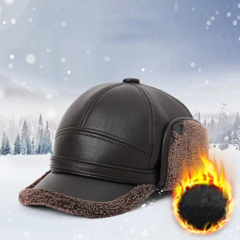 NEW Pu Leather Baseball Cap Men Winter Warm Hat Dad Grandpa Thermal Hat Thick Warm Leather Hat Old Man Ear Protection Cap Qme