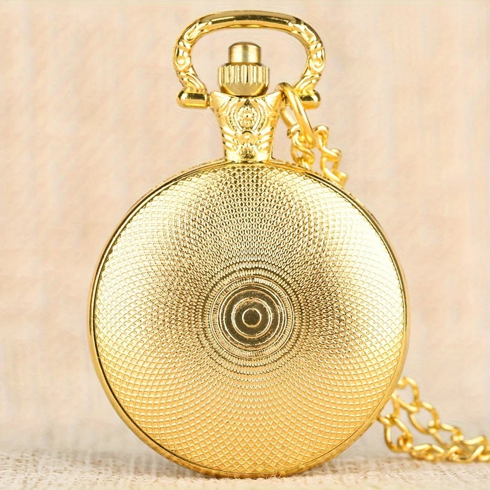 Retro Golden Coin Pattern Small Quartz Pocket Watch, Commemorative Collectible Clock Qme