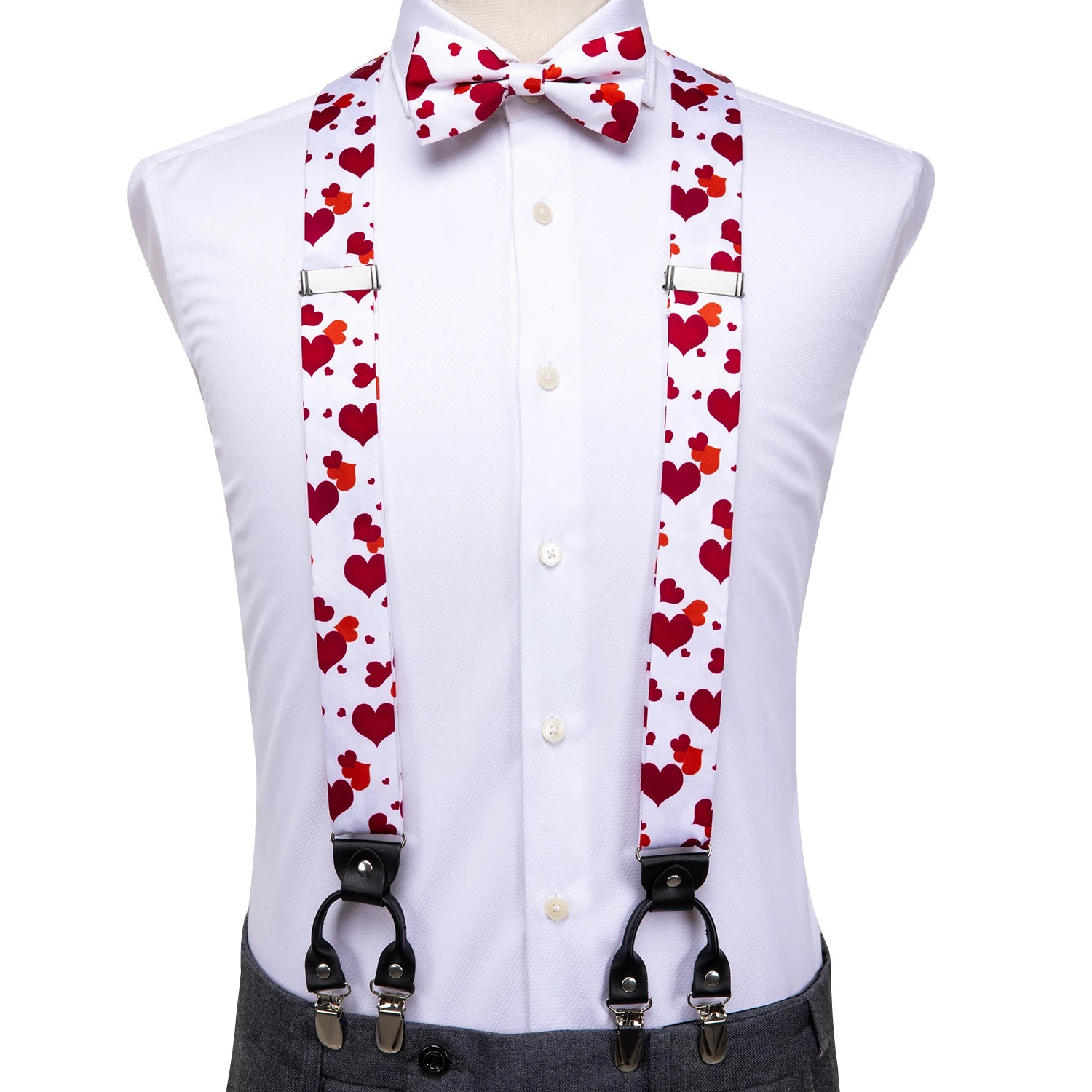 Silk Woven Mens Suspenders Bow Tie Hanky Cufflinks Strength 6 Clips