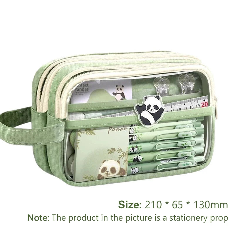 Handheld Double Layer Transparent Pencil Case Pen Bag Hitting Square Qme green