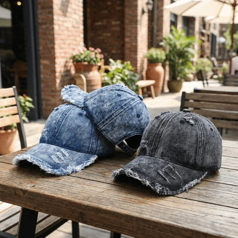 Vintage Washed Denim Baseball Cap Distressed Ripped Fringe Frayed Qme