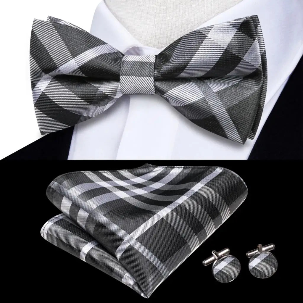 Hi-Tie Striped Black Red Mens Bow Tie Hankerchief Cufflink Pre-tied Silk Butterfly Knot Bowtie for Male Business Party Wholesale Qme S1-LH-2592