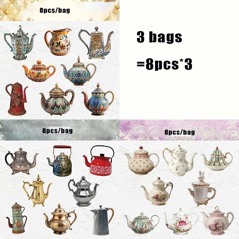 Vintage European Teapot Sticker Pack, realistic tea set decorative stickers for decorating phone cases,bottles and journals Qme 3 bags-B