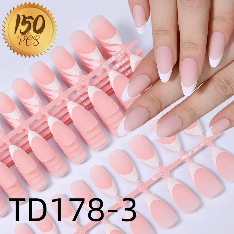 150pcs French White Edge Wearing Nail Pink Fake Nail Piece Full Sticker Matte Manicure Ultra thin White Qme TD178-3