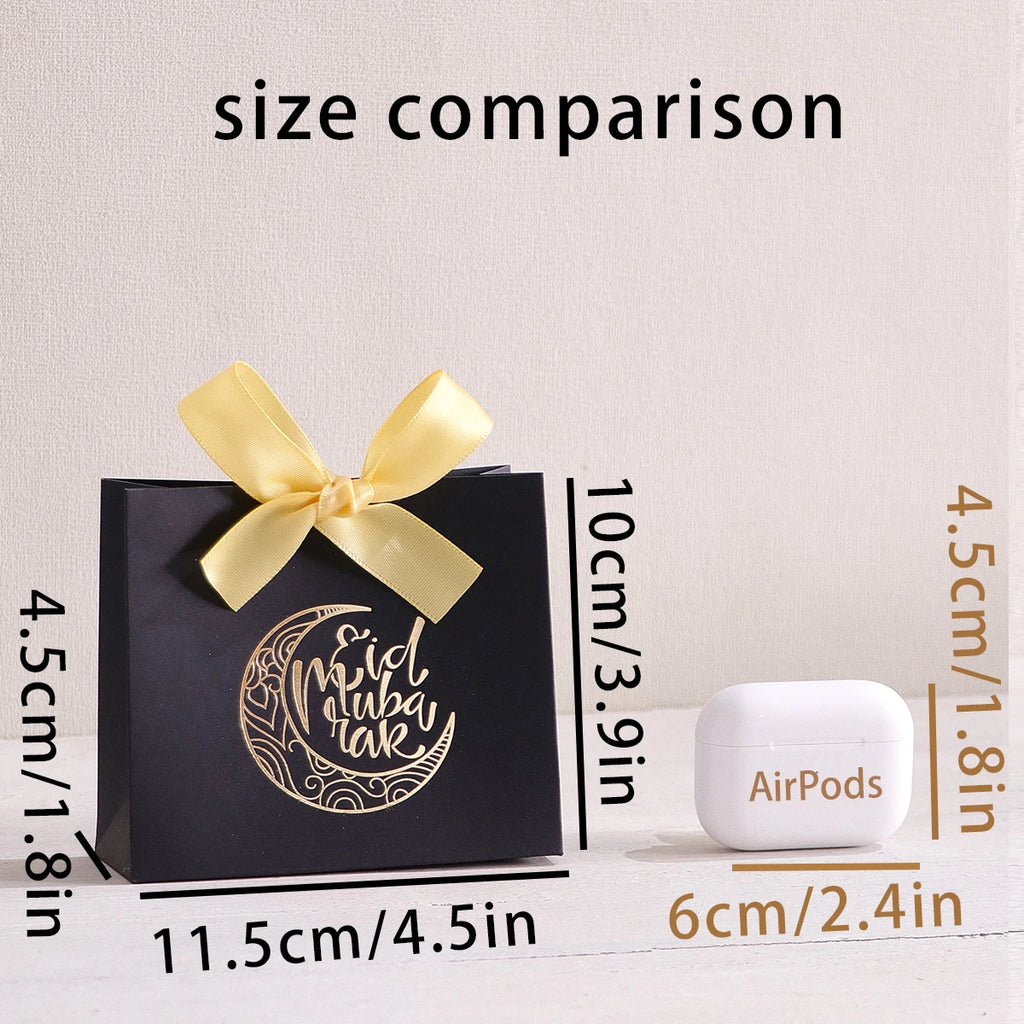 5-Pack Eid Al Adha Gift Boxes - Elegant Crescent Moon Design - White and Gold Mini Gift Bags with Ribbon Ties - Perfect for Choc Qme