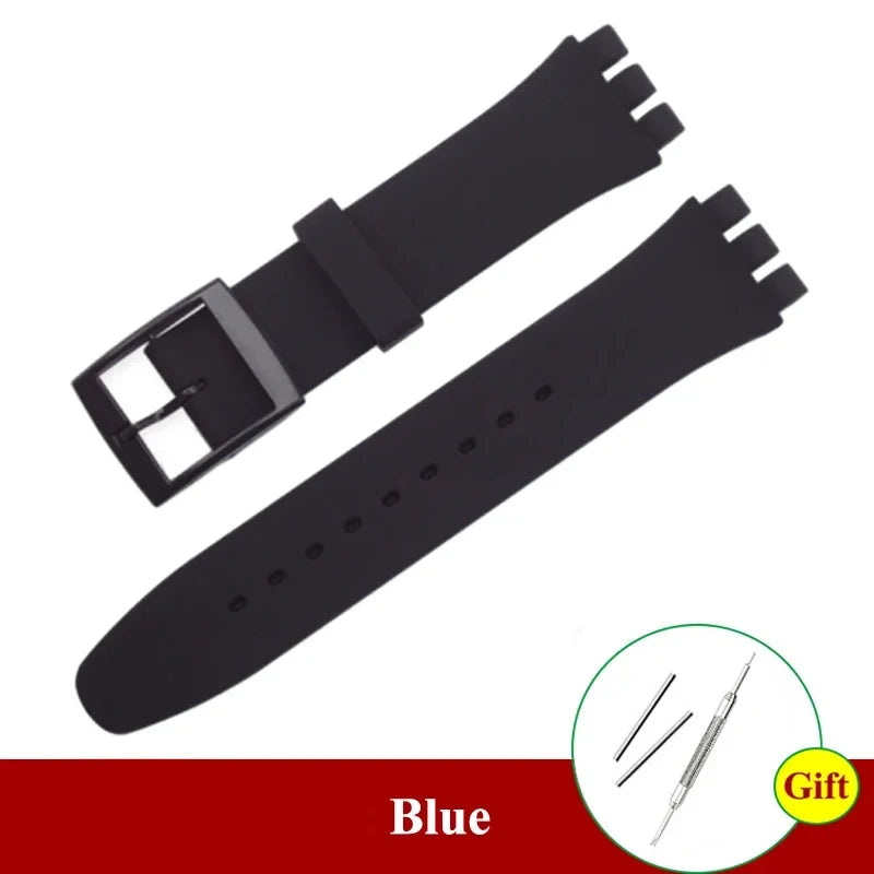 16mm 17mm 19mm 20mm Soft Silicone Bracelet Colorful Watchband for Swatch Watch Strap Replacement Watches Accessories with Tool Qme DarkBlue 19mm