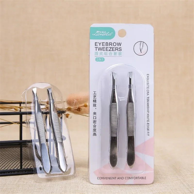 2Pcs/Set Professional Slanted/flat Stainless Steel Hair Removal Clip Eyebrow Face Hair Remover Tweezers Eyebrow Plucking Tools Qme