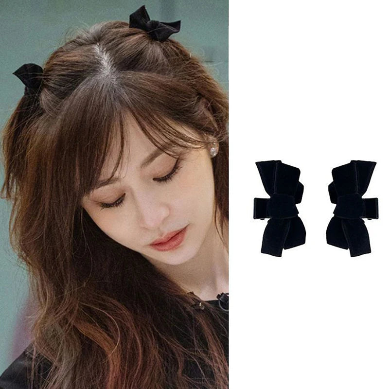 Star Same Black Velvet Bow Trumpet Side Bangs Hairpin Female Summer Qme