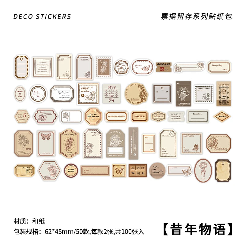 100 pcs Vintage Ticket Stickers pack Decorative Diy Diary Album Stationery Scrapbooking accessories hand made Collage material Qme C
