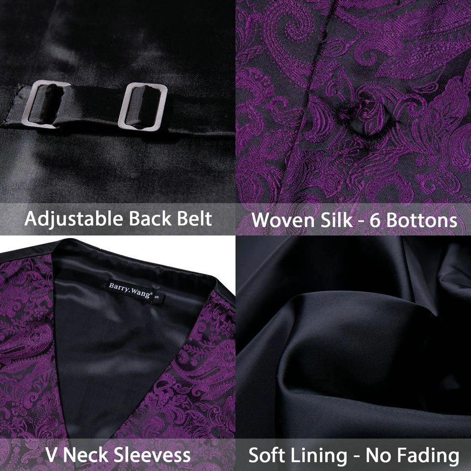 Men's Purple Green Vest & Tie Hanky Cufflinks Set – Formal Paisley Plaids Waistcoat for Weddings Events Party Gift Qme