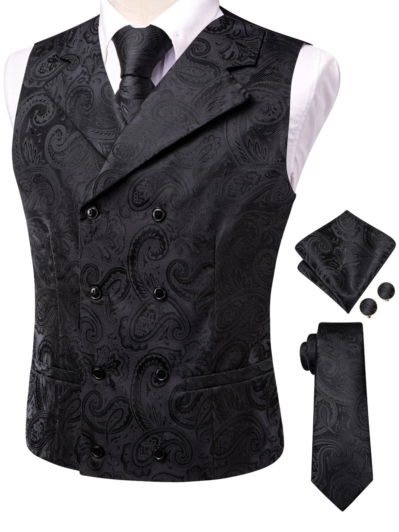 Men's Golden Paisley Vest Tie Hanky Cufflinks Luxury Tops Weddings Qme HT-MJ-0184 XXXL