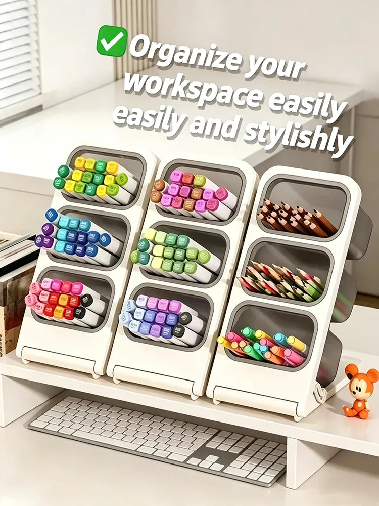 Multi-Layer Slant Desktop Stationery Organizer, Detachable 3 Grid Pen Holder, Pencil Storage Caddy for Office School Supplies Qme
