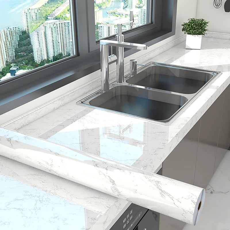 Marble Kitchen Self-adhesive Oilproof Tile Wallpaper Moisture-Proof Countertop Pantry Sticker Bathroom Waterproof Wall Stickers Qme Elegant White 40x1000cm
