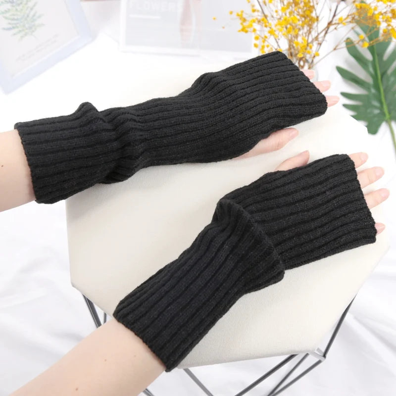 Women Long Fingerless Gloves Fashion Winter Warmer Mitten Arm Sleeve Qme black length 30cm