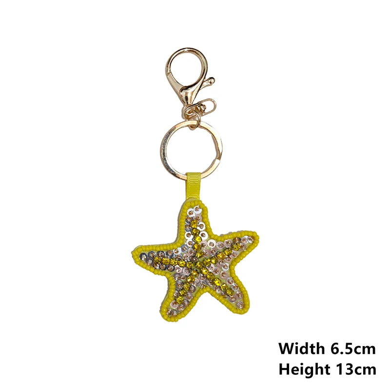 Bag charm decor with Beaded Sequin Rhinestone Crab, Starfish, Shell, and Conch Keychain Qme 07