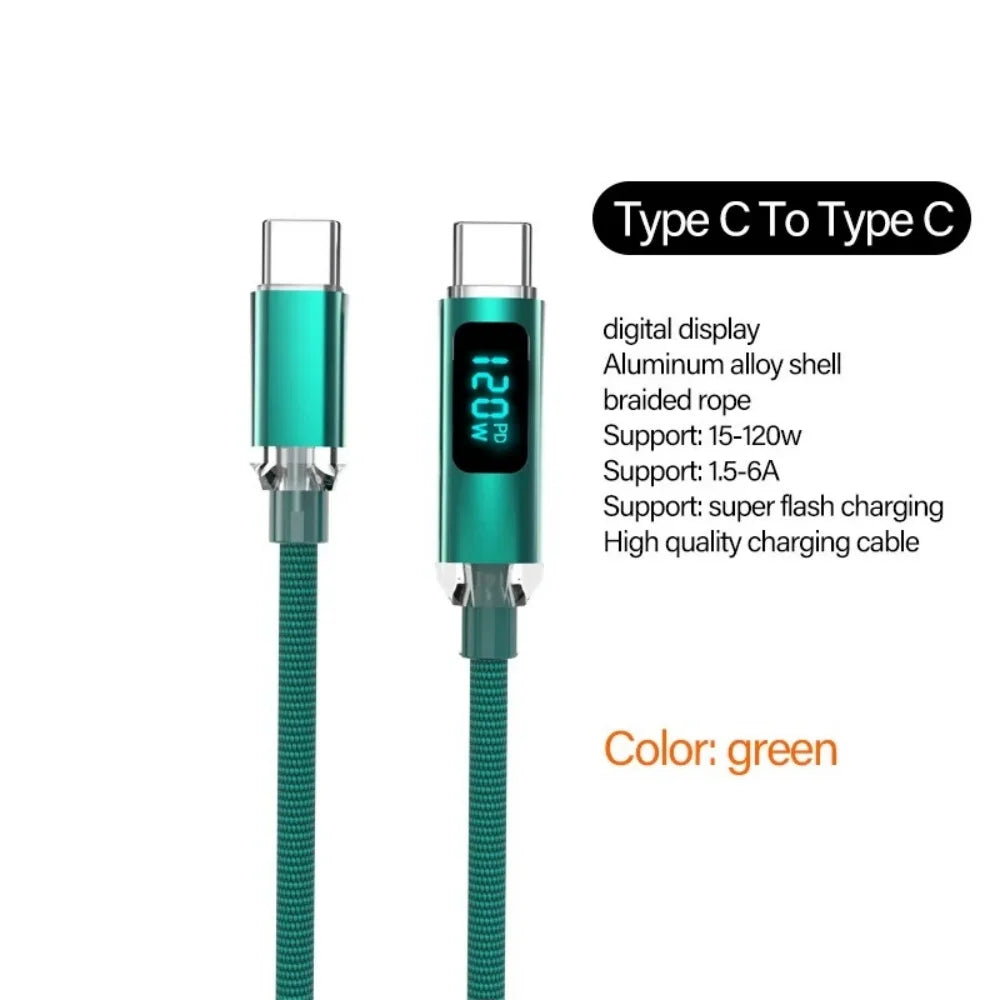 120W Digital Display USB Type C Fast Charging Wire Nylon Braided Dual USB-C Data Cable PD Quick Charge for IPhone 16 Pro Samsung Qme green 1m