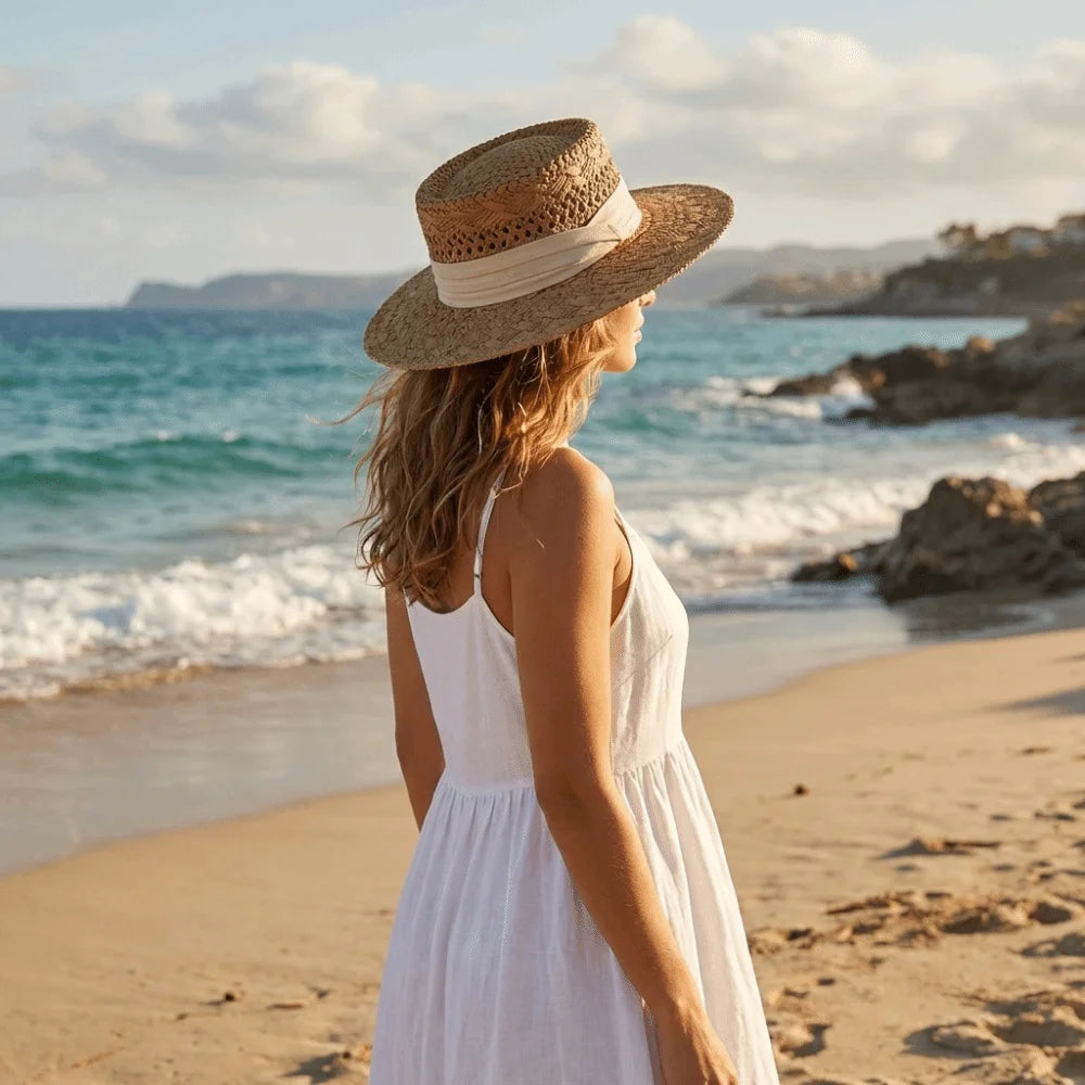 Fashion Wide Brim Hollow Straw Hat Sunscreen Cloth Buckle Western Qme