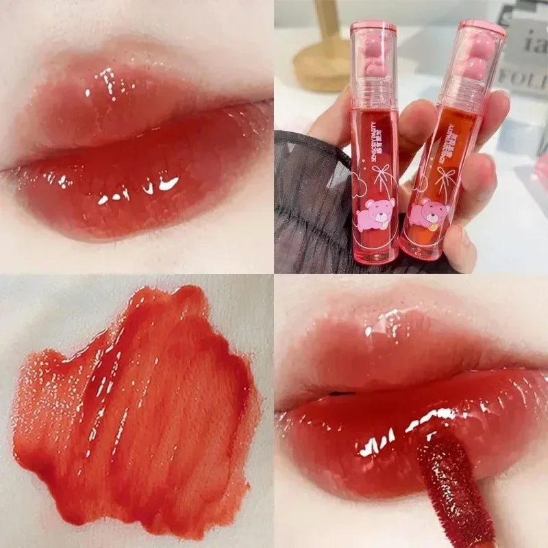 Cute Pink Bear Water Light Lip Gloss Lasting Crystal Glossy Lip Glaze Mirror Nude Liquid Lipstick Women Lips Makeup Cosmetics Qme 08