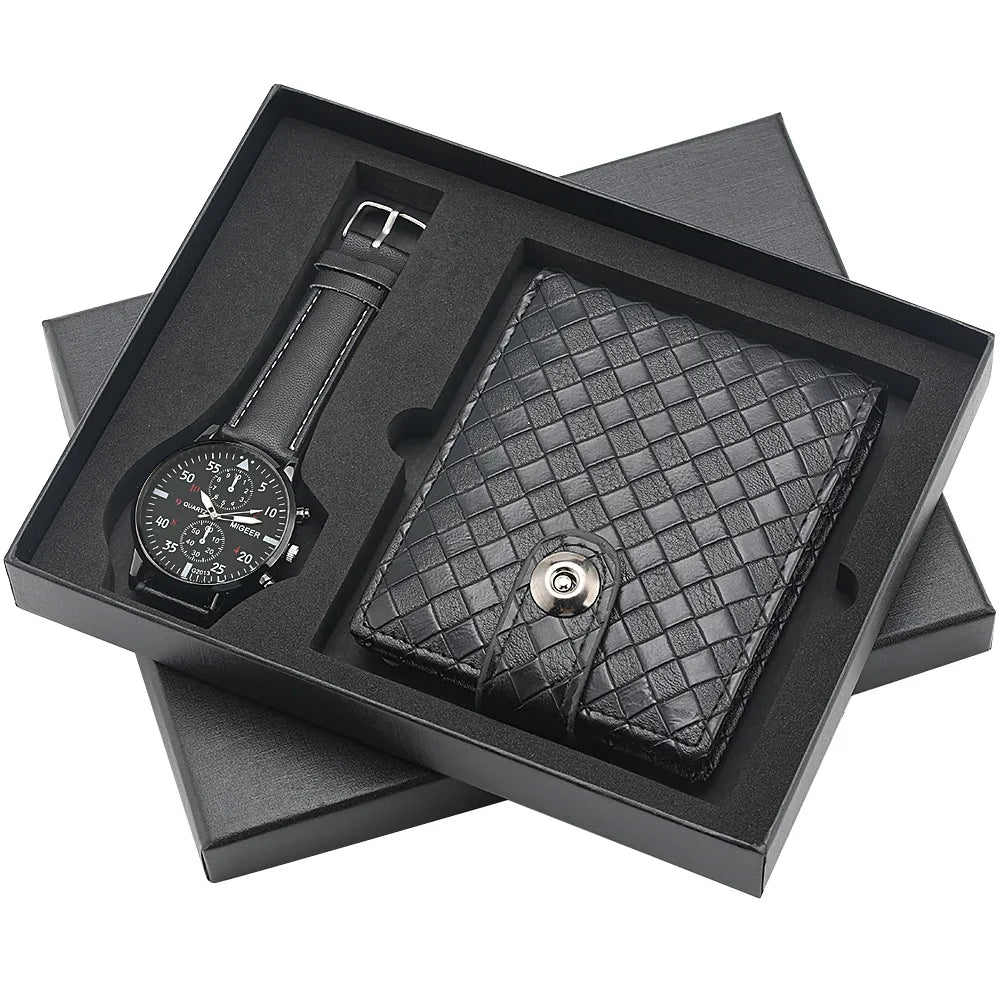 2 Pcs/Set Fashion Men Watch Wallet Gift Box Quartz Wristwatch Leather Strap Male Wallets Purse Birthday Gift for Father Husband Qme Pink