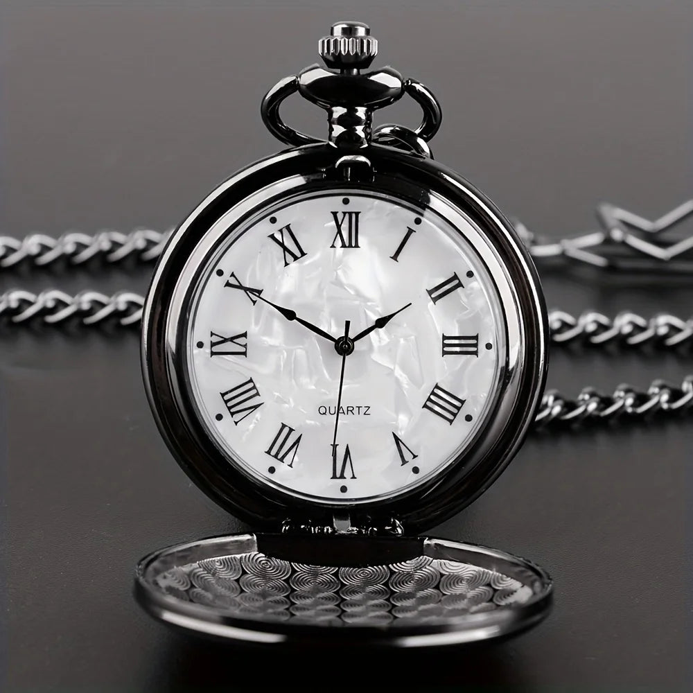 Smooth Steel Quartz Pocket Watch, Vintage Roman Number Dial Watch Qme black