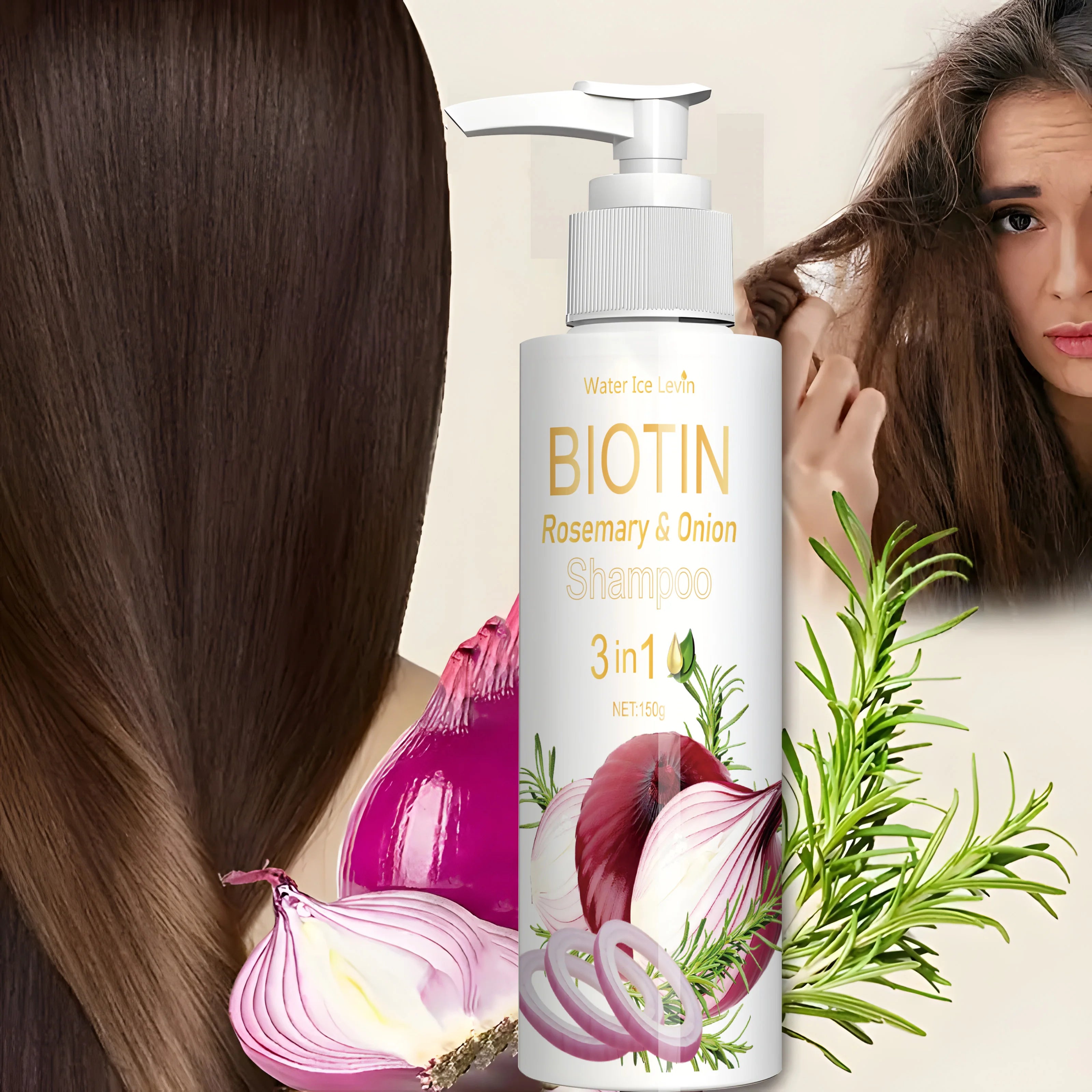 Biotin Rosemary & Onion 3 in 1 shampoo to strengthen hair roots, scalp repair, anti-thinning, moisturizing, thickening hair care Qme