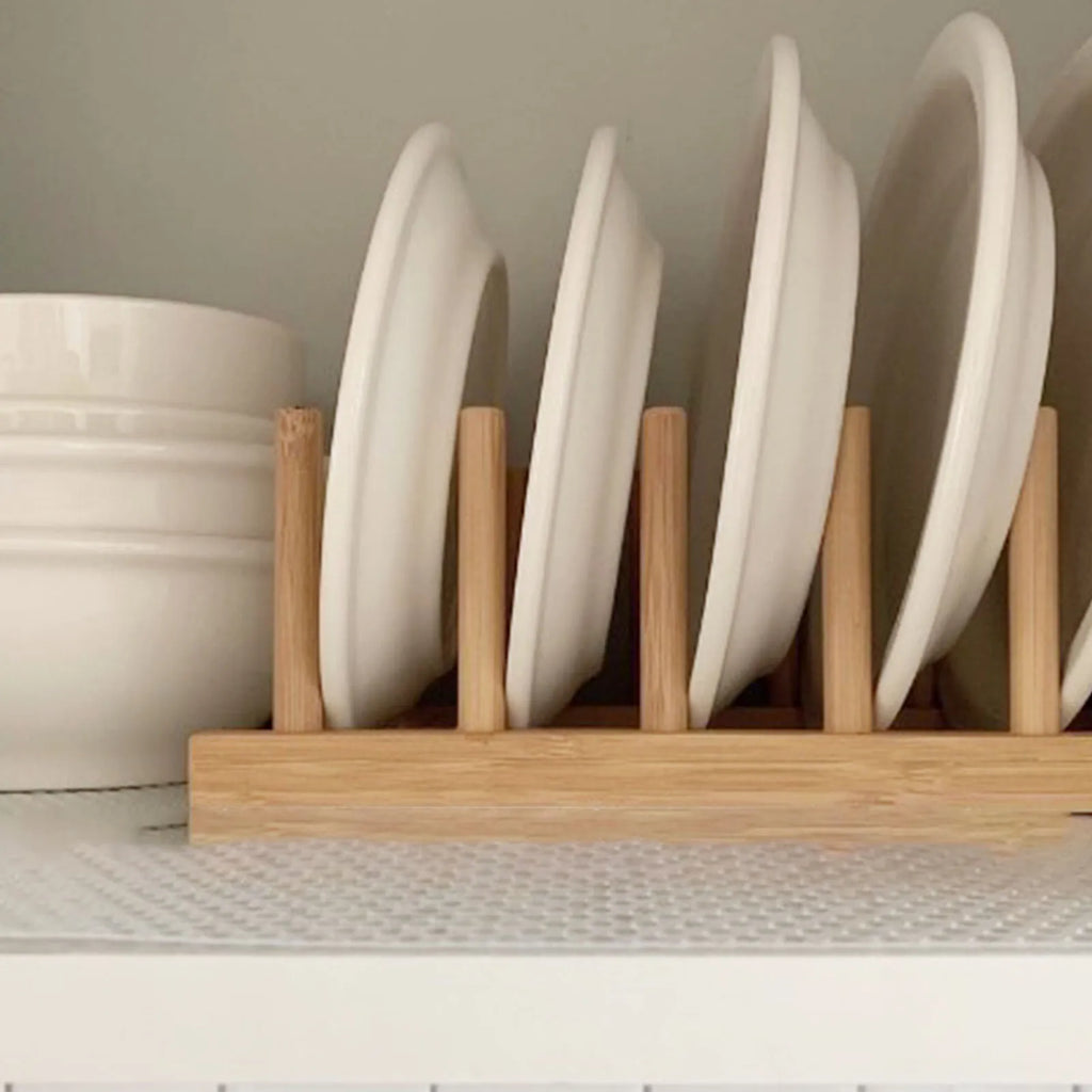 Vertical Wooden Dish Drying Rack Stable Base 6 Grids Easy To Install Pine Wood Vertical Wooden Plate Rack for Cutting Boards Qme