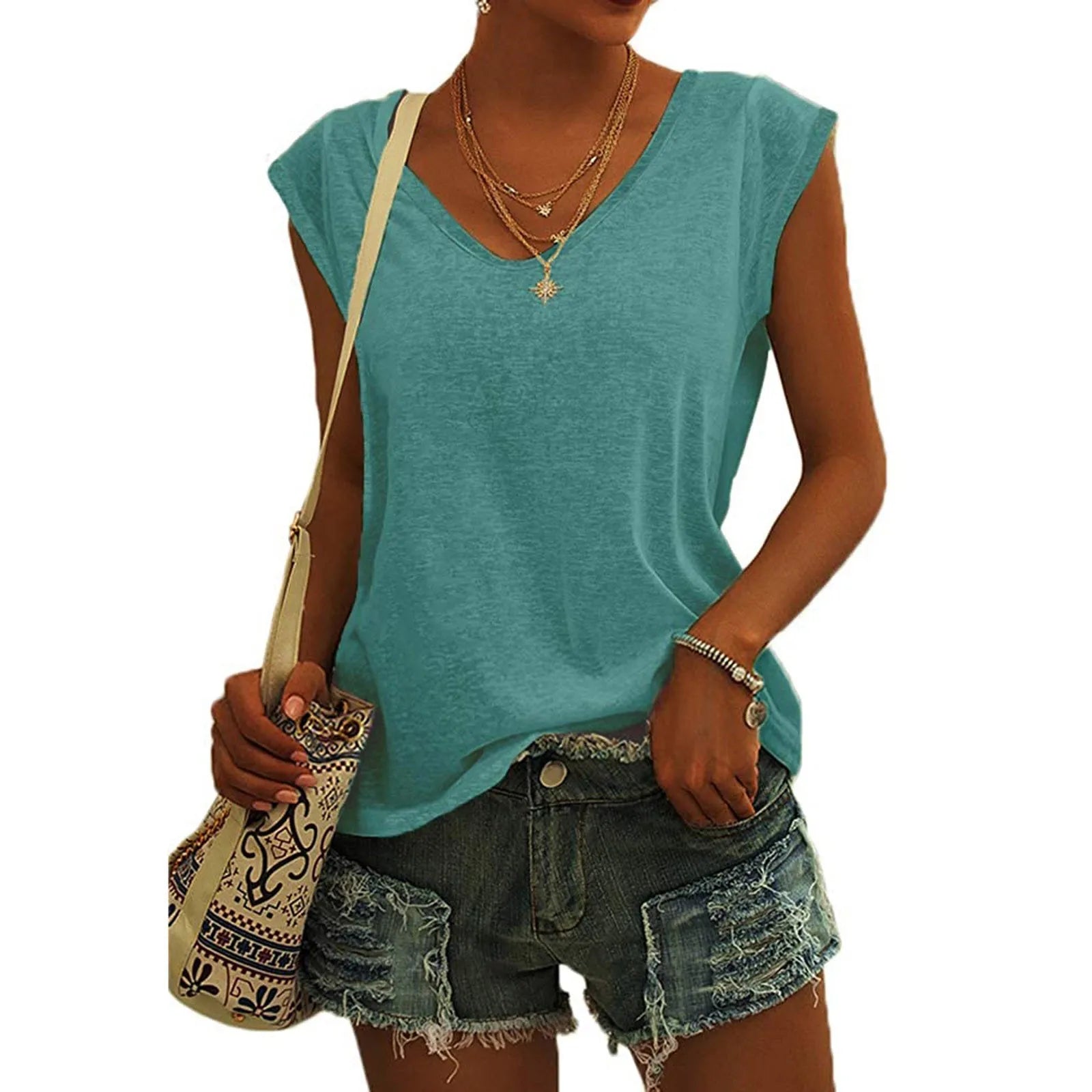 Women's Solid Color Minimalist Fashionable V-Neck Sleeveless T-Shirt Casual And Versatile Loose Summer Basics Street Tank Tops Qme Mint Green L