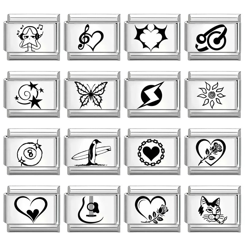 Wholesale Laser Engraving Lightning Heart NO.8 Ball Italian Charm Links Fit 9mm Stainless Steel Bracelet Men Women DIY Making Qme