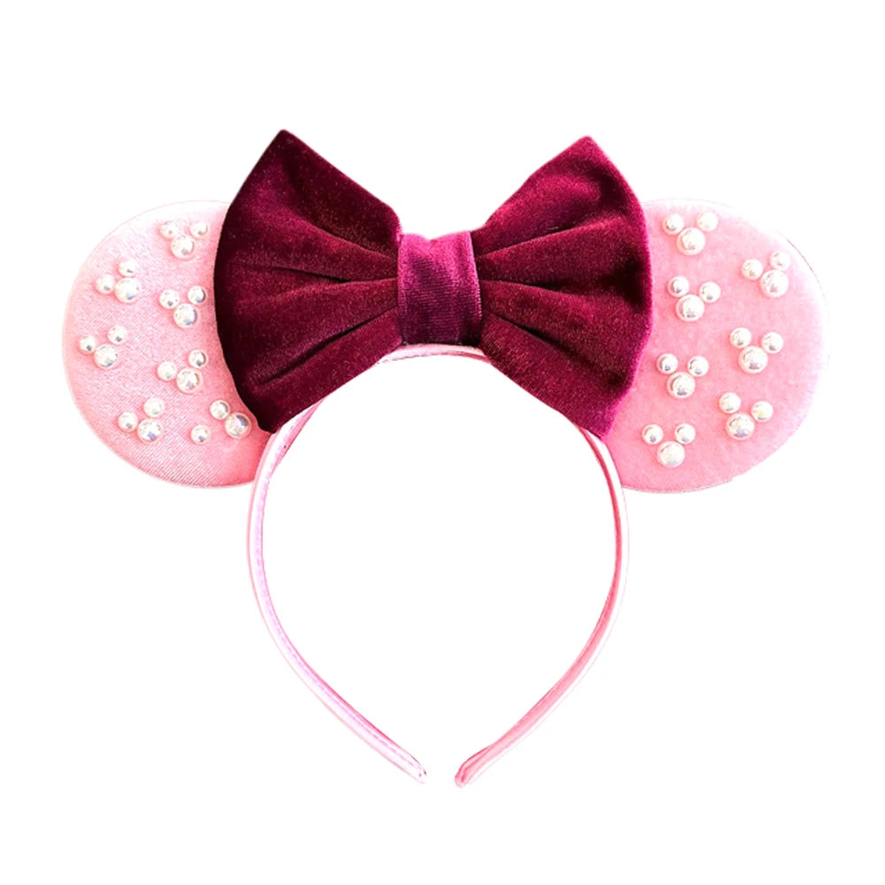 White Pearls Mickey Ears Hair Accessories for Girls Solid Color Soft Cotton Bow Headbands Women Minnie Mouse Hair Accessorie Qme Headband 1