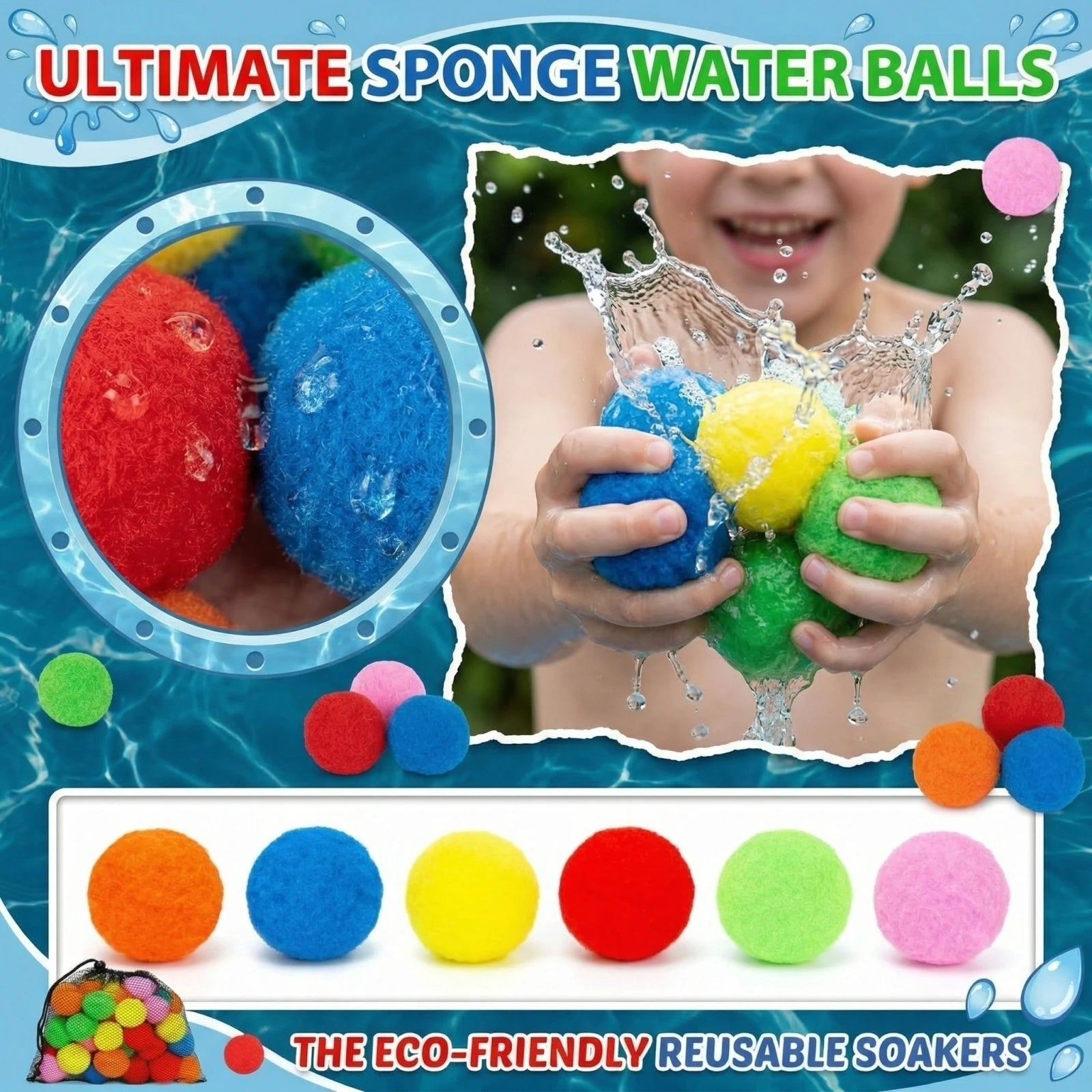 50PCS Sponge Water Fight Water Balls for Kids Playhouse Playpen Soft BPA Free Balls with Mesh Storage Bag Indoor and Outdoor Use Qme A